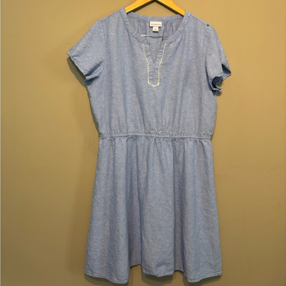 LIZ CLAIBORNE Linen Blend Denim Blue V-Neck Dress, w/Neck Embellishment
